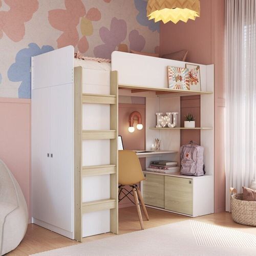 Cama Infantil Elevada Multifuncional 1 Armário 1 Escrivaninha com Colchão Branco/Carvalho Araguaia
