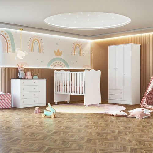 Conjunto Quarto de Bebê Completo Guarda Roupa Cômoda e Berço com Rodízio Doce Sonho Branco